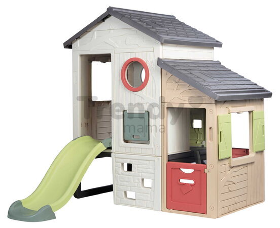 Domček Dobrodružstvo s predsieňou a šmykľavkou Adventure House Life Smoby rozšíriteľný s padacími dverami a lezeckými stenami s UV filtrom