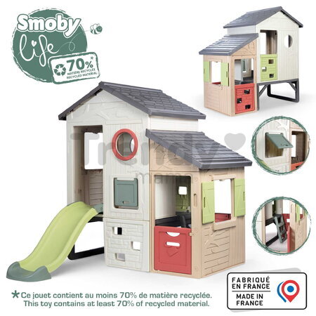Domček Dobrodružstvo s predsieňou a šmykľavkou Adventure House Life Smoby rozšíriteľný s padacími dverami a lezeckými stenami s UV filtrom