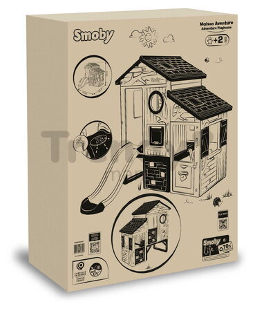 Domček Dobrodružstvo s predsieňou a šmykľavkou Adventure House Life Smoby rozšíriteľný s padacími dverami a lezeckými stenami s UV filtrom