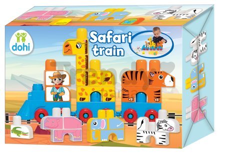 Stavebnica Safari Dohány lokomotíva s 2 vozňami a kockami s potlačou zvieratiek od 12 mes