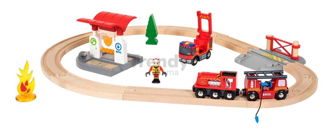 Drevená vláčikodráha Požiarna stanica Firefighter Set BRIO 18 dielov s hasičským vlakom so svetlom a zvukom od 3 rokov BRIO8157