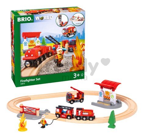 Drevená vláčikodráha Požiarna stanica Firefighter Set BRIO 18 dielov s hasičským vlakom so svetlom a zvukom od 3 rokov BRIO8157