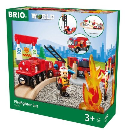 Drevená vláčikodráha Požiarna stanica Firefighter Set BRIO 18 dielov s hasičským vlakom so svetlom a zvukom od 3 rokov BRIO8157