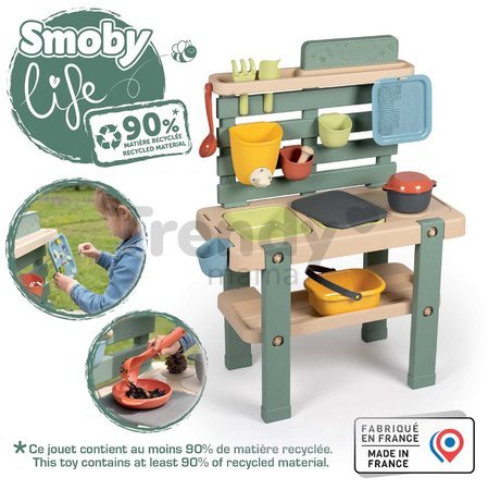Kuchynka pre záhradníkov Mud Kitchen Life Smoby hra s trávou kvetinami a pieskom 15 doplnkov s náradím a nádržou na vodu od 3 rokov - model 2025