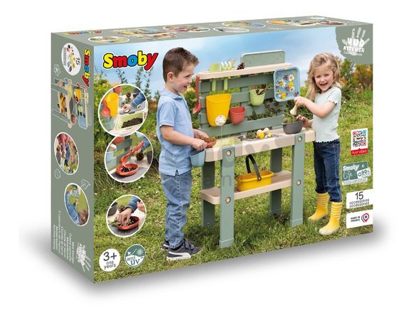 Kuchynka pre záhradníkov Mud Kitchen Life Smoby hra s trávou kvetinami a pieskom 15 doplnkov s náradím a nádržou na vodu od 3 rokov - model 2025