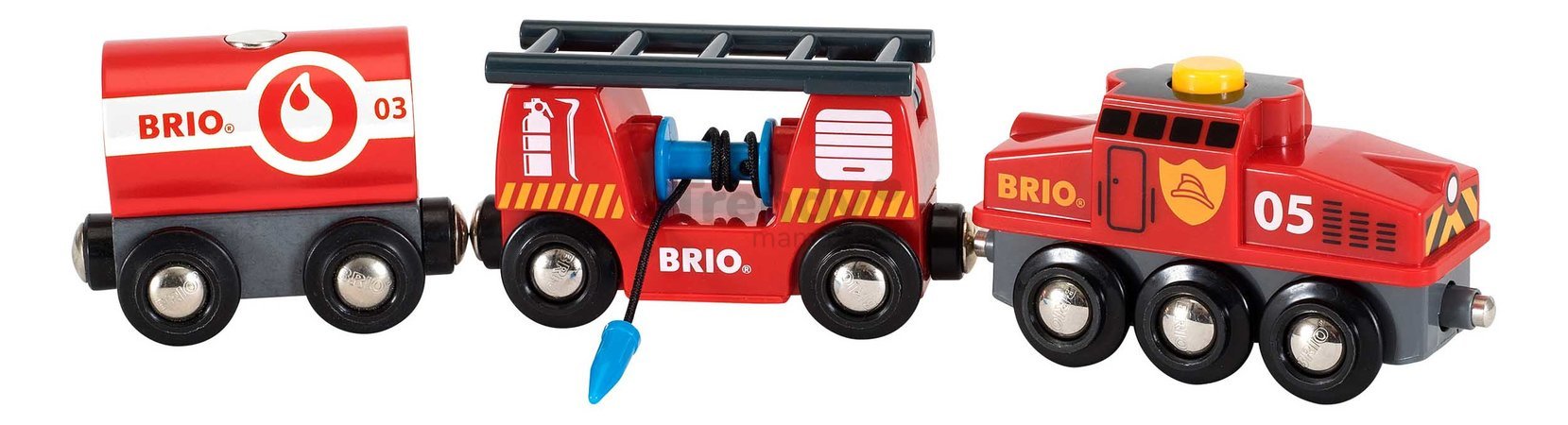 Drevený požiarny vláčik Rescue Firefighting Train BRIO lokomotíva s 2 vagónmi a rebrík s požiarnou hadicou od 3 rokov BRIO8447