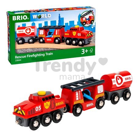 Drevený požiarny vláčik Rescue Firefighting Train BRIO lokomotíva s 2 vagónmi a rebrík s požiarnou hadicou od 3 rokov BRIO8447