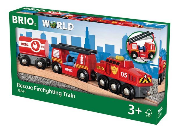 Drevený požiarny vláčik Rescue Firefighting Train BRIO lokomotíva s 2 vagónmi a rebrík s požiarnou hadicou od 3 rokov BRIO8447