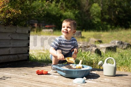 Pieskovisko ekologické mušľa s formičkami Mini Sand Pit Green Smoby s krhličkou a lopatka s hrabličkami 35 cm pre malé priestory od 18 mes