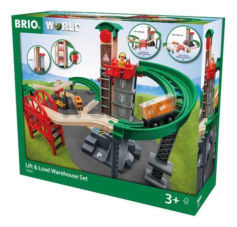 Drevená vláčikodráha s výťahom a skladom Lift&Load Warehouse Set BRIO 32 dielov s mostom vláčikom a figúrkou od 3 rokov BRIO8874