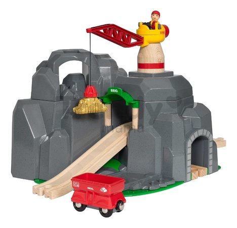 Drevený horský tunel s magnetickým žeriavom Crane&Mountain Tunnel BRIO so zvukom 7 dielov s vagónom a nákladom od 3 rokov BRIO8898