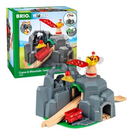 Drevený horský tunel s magnetickým žeriavom Crane&Mountain Tunnel BRIO so zvukom 7 dielov s vagónom a nákladom od 3 rokov BRIO8898
