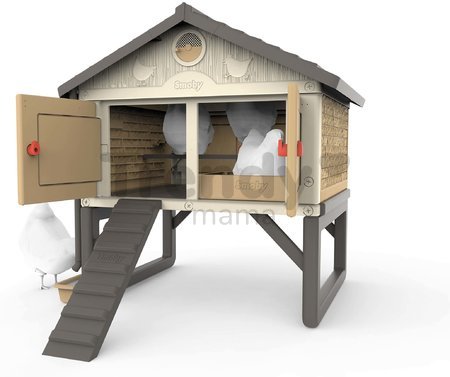 Kurín pre 5 sliepok Cluck Cluck Cottage Beige Smoby 4 dvere so schodmi a kŕmidlom a hniezdo s falošným vajíčkom 128 cm výška