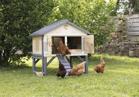 Kurín pre 5 sliepok Cluck Cluck Cottage Beige Smoby 4 dvere so schodmi a kŕmidlom a hniezdo s falošným vajíčkom 128 cm výška