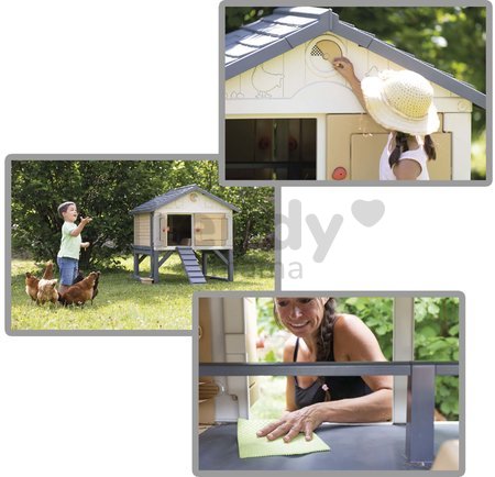 Kurín pre 5 sliepok Cluck Cluck Cottage Beige Smoby 4 dvere so schodmi a kŕmidlom a hniezdo s falošným vajíčkom 128 cm výška