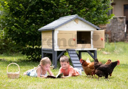 Kurín pre 5 sliepok Cluck Cluck Cottage Beige Smoby 4 dvere so schodmi a kŕmidlom a hniezdo s falošným vajíčkom 128 cm výška