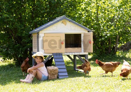 Kurín pre 5 sliepok Cluck Cluck Cottage Beige Smoby 4 dvere so schodmi a kŕmidlom a hniezdo s falošným vajíčkom 128 cm výška