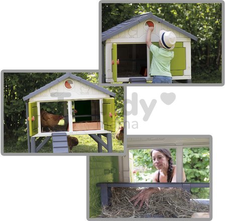 Kurín pre 5 sliepok Cluck Cluck Cottage Green Smoby 4 dvere so schodmi a kŕmidlom a hniezdo s falošným vajíčkom 128 cm výška