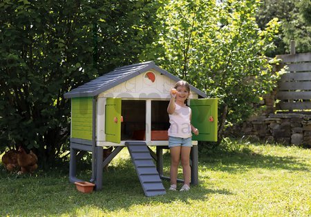 Kurín pre 5 sliepok Cluck Cluck Cottage Green Smoby 4 dvere so schodmi a kŕmidlom a hniezdo s falošným vajíčkom 128 cm výška