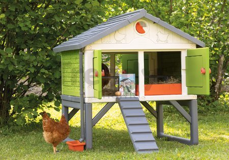 Kurín pre 5 sliepok Cluck Cluck Cottage Green Smoby 4 dvere so schodmi a kŕmidlom a hniezdo s falošným vajíčkom 128 cm výška