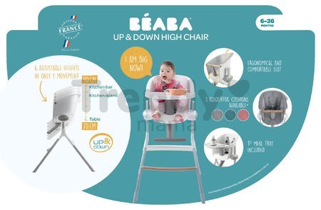 Jedálenská stolička z dreva Up & Down High Chair Beaba polohovatelná do 6 výšok, šedo-biela od 6-36 mesiacov