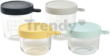 Set 4 dózy na jedlo Beaba z kvalitného skla (1*150 ml žltá/1*150 ml bledomodrá/1*250ml tmavomodrá/1*250 ml šedá)