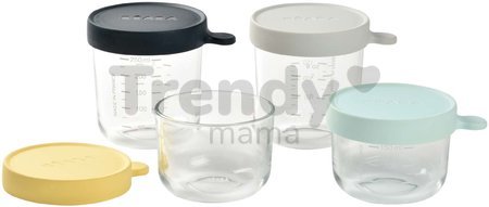 Set 4 dózy na jedlo Beaba z kvalitného skla (1*150 ml žltá/1*150 ml bledomodrá/1*250ml tmavomodrá/1*250 ml šedá)