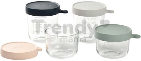 Set 4 dózy na jedlo Beaba z kvalitného skla (1*150 ml ružová/1*150 ml eukalyptus/1*250 ml šedá/ 1*250 ml tmavomodrá)