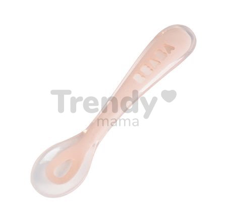 Tréningová lyžička Training Spoon 2nd age na samostatné jedenie Beaba z mäkkého silikónu 13 cm ružová od 4 mesiacov