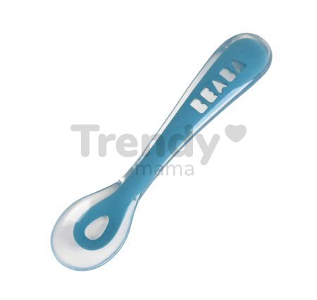 Tréningová lyžička Training Spoon 2nd age na samostatné jedenie Beaba z mäkkého silikónu 13 cm modrá od 4 mesiacov