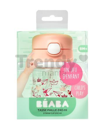 Fľaša Bidon z tvrdého plastu Straw Cup Beaba 240 ml so slamkou na pitie ružová od 8 mes