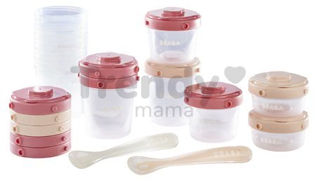 Set 12 dóz na jedlo Beaba 12 Clip s dvoma lyžickami zo silikónu pre bábätká 2x60ml, 4x120 ml, 6x200 ml ružová a nude od 4 mes