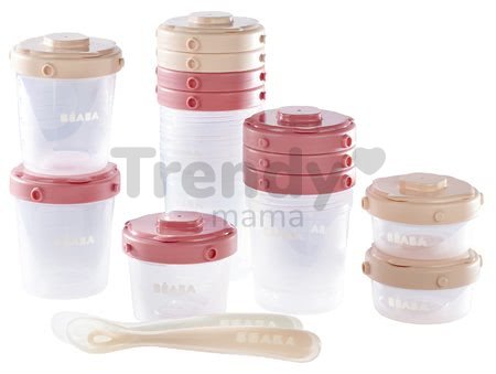 Set 12 dóz na jedlo Beaba 12 Clip s dvoma lyžickami zo silikónu pre bábätká 2x60ml, 4x120 ml, 6x200 ml ružová a nude od 4 mes