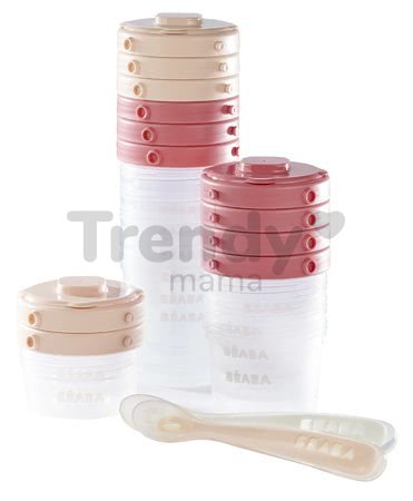 Set 12 dóz na jedlo Beaba 12 Clip s dvoma lyžickami zo silikónu pre bábätká 2x60ml, 4x120 ml, 6x200 ml ružová a nude od 4 mes