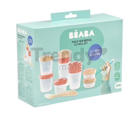 Set 12 dóz na jedlo Beaba 12 Clip s dvoma lyžickami zo silikónu pre bábätká 2x60ml, 4x120 ml, 6x200 ml ružová a nude od 4 mes