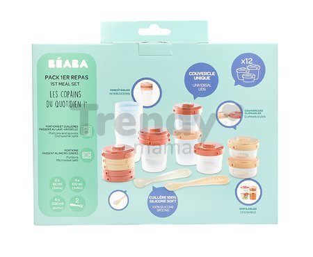 Set 12 dóz na jedlo Beaba 12 Clip s dvoma lyžickami zo silikónu pre bábätká 2x60ml, 4x120 ml, 6x200 ml ružová a nude od 4 mes