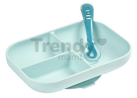 Jedálenská súprava Silicone Blue Beaba 2-dielna zo silikónu miska a lyžička a modrá od 4 mes