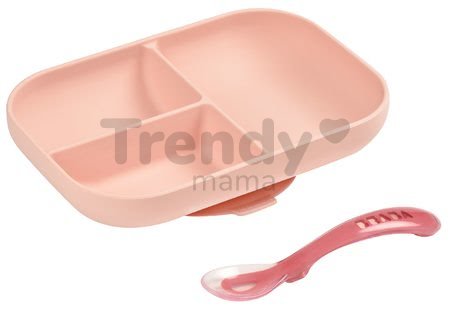 Jedálenská súprava Beaba Silicone Pink 2-dielna zo silikónu, miska a lyžička ružová od 4 mes