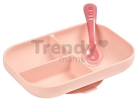 Jedálenská súprava Beaba Silicone Pink 2-dielna zo silikónu, miska a lyžička ružová od 4 mes