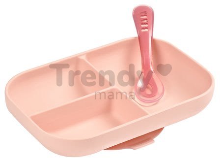 Jedálenská súprava Beaba Silicone Pink 2-dielna zo silikónu, miska a lyžička ružová od 4 mes