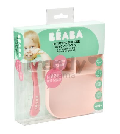 Jedálenská súprava Beaba Silicone Pink 2-dielna zo silikónu, miska a lyžička ružová od 4 mes