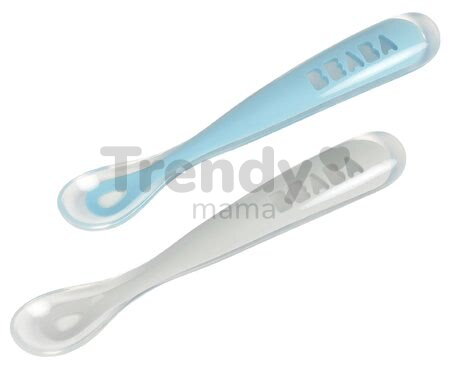 Sada 2 ergonomických lyžičiek Beaba 1st age Windy Blue Spoon 17 cm z mäkkého silikónu na samostatné jedenie modrá od 4 mes