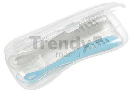 Sada 2 ergonomických lyžičiek Beaba 1st age Windy Blue Spoon 17 cm z mäkkého silikónu na samostatné jedenie modrá od 4 mes