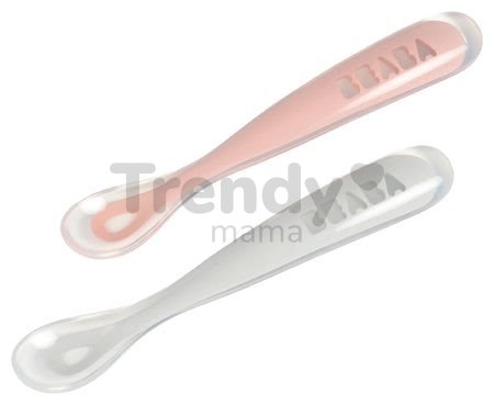 Sada 2 ergonomických lyžičiek Beaba 1st age Pink Spoon 13 cm z mäkkého silikónu na samostatné jedenie ružová od 4 mes