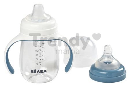 Sticla biberon bebeluși Beaba Learning Cup 2in1 Windy Blue 210 ml albastră cu pai de la 4 luni
