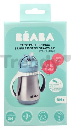 Fľaša Bidon s dvojitými stenami Stainless Steel Straw Cup Beaba Windy Blue 250ml modrá z nehrdzavejúcej ocele od 8 mes