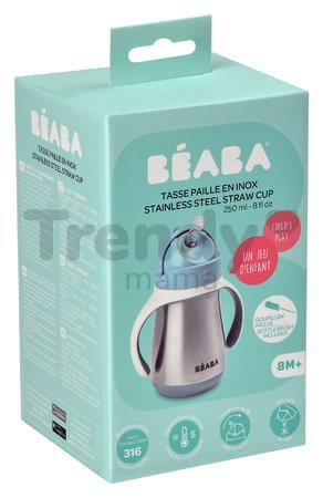 Fľaša Bidon s dvojitými stenami Stainless Steel Straw Cup Beaba Windy Blue 250ml modrá z nehrdzavejúcej ocele od 8 mes