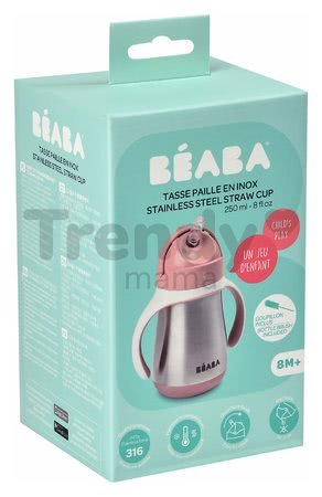 Fľaša Bidon s dvojitými stenami Stainless Steel Straw Cup Beaba Old Pink 250ml ružová z nehrdzavejúcej ocele od 8 mes