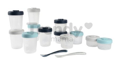 Set 12 dóz na jedlo Beaba Expert Meal & Food Storage Pack Storm 12 clip a 2 silikónové lyžičky modré