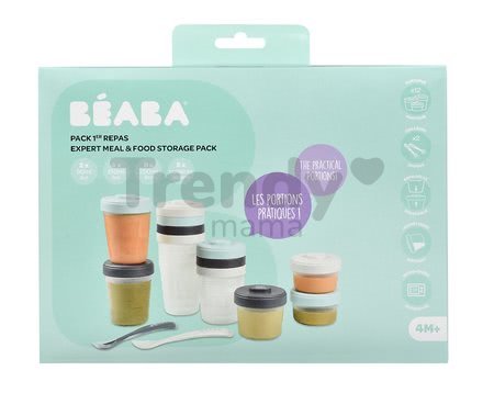 Set 12 dóz na jedlo Beaba Expert Meal & Food Storage Pack Storm 12 clip a 2 silikónové lyžičky modré